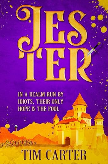 A golden cityscape is depicted along the bottom of the image and the background is bright purple. The title "Jester" appears at the top of the image in golden letters.